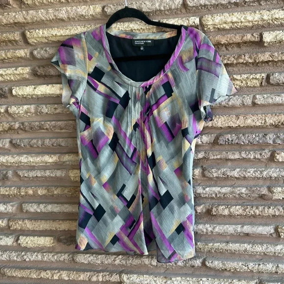 Jones New York Collection Gray Purple 100% Silk Pleat Front Blouse Size 8 - Picture 8 of 9